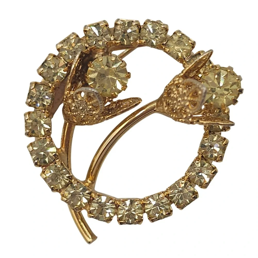 Vtg Gold‎ Tone Light Green Rhinestone Floral Brooch Old Hollywood Glam Elegant